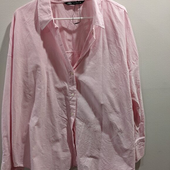 Zara Women's Button Up Pink/White Striped Long Sleeved Oxford Shirt Size XXL EUC - Picture 1 of 5